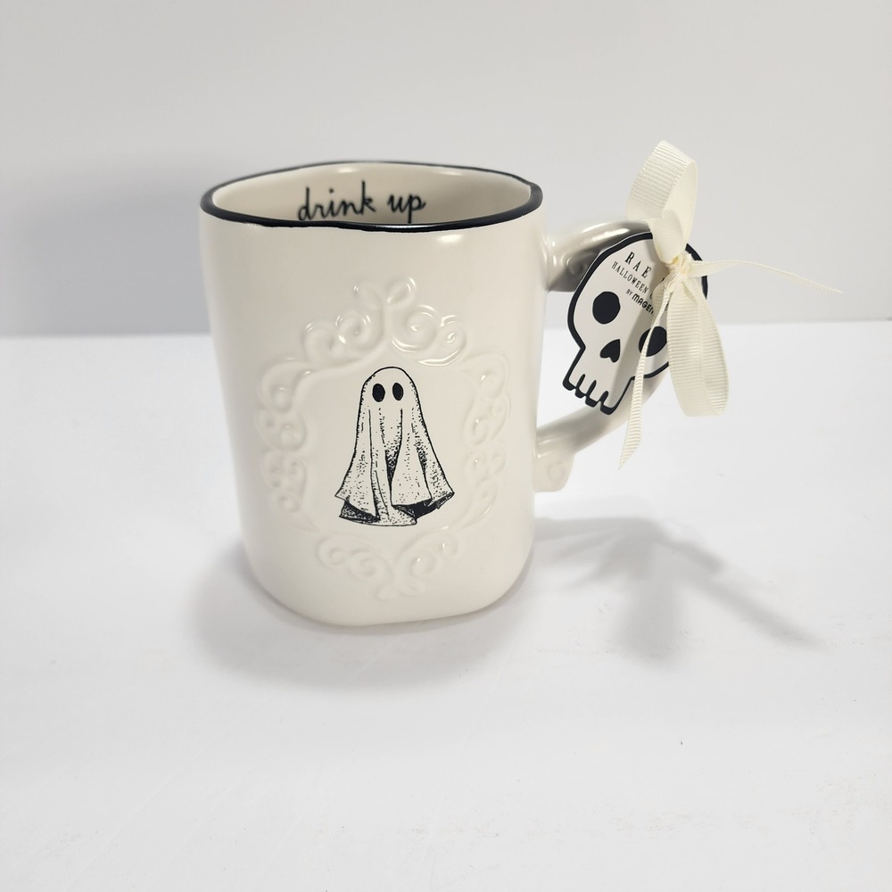 Rae Dunn Halloween Ghost Drink Up Coffee Mug Artisan Collection Magenta White